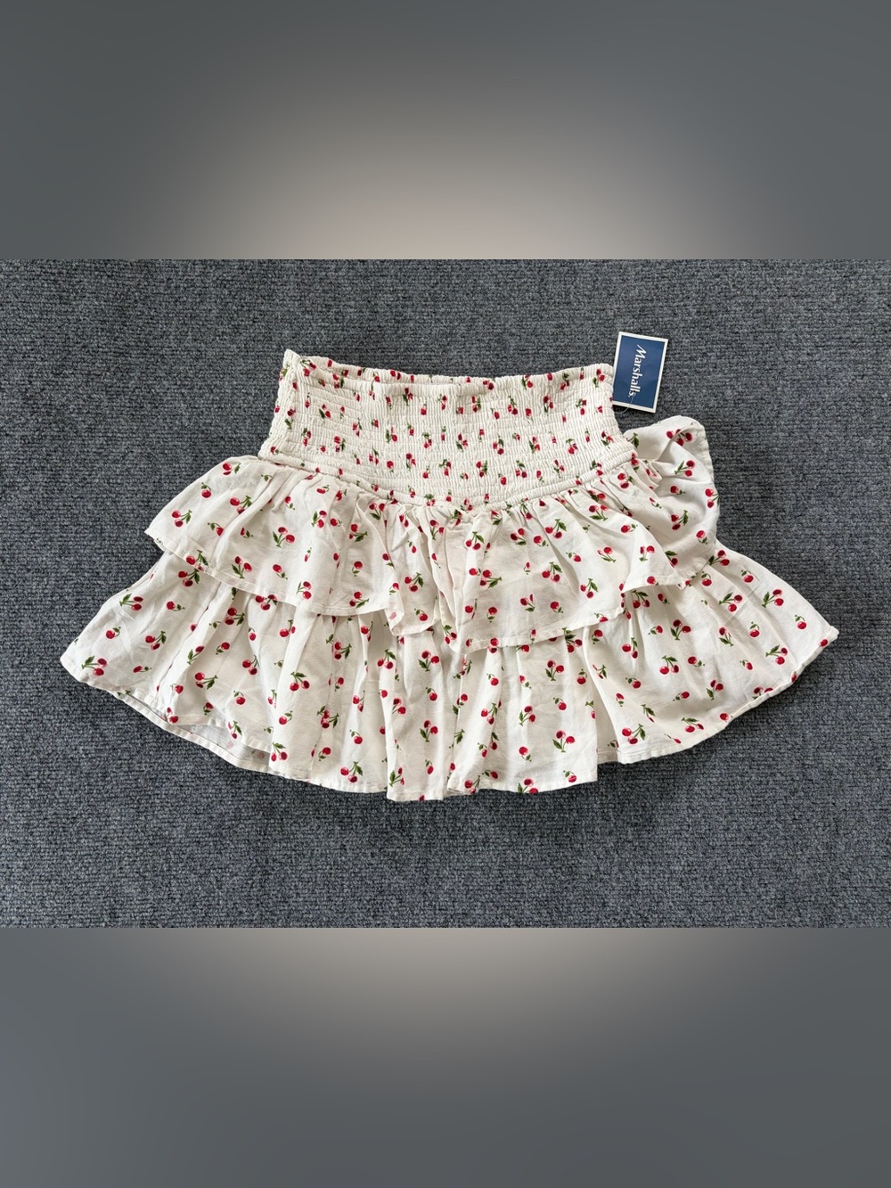 Japna Women’s M Cherry Print Tiered Ruffle Mini Skirt Smocked Waist NWT